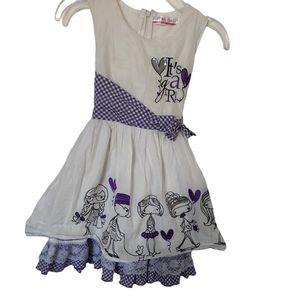 Kids(Girl) Dress,Tiny Girl,Size 6-7 years,White with purple design.
